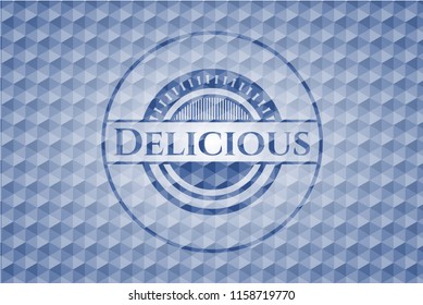 Delicious blue emblem or badge with abstract geometric polygonal pattern background.