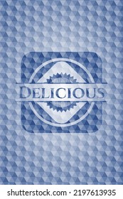 Delicious blue emblem or badge with abstract geometric pattern background. Vector Illustration. Detailed. 