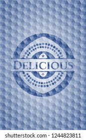 Delicious blue emblem or badge with geometric pattern background.