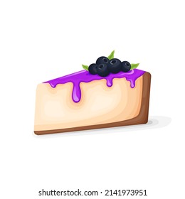 Delicious blueberry cheesecake with blueberry jam, vector illustration isolated on white background.
