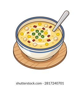 A delicious bowl of creamy corn chowder in a flat vector style.