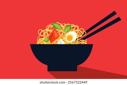 Delicious bowl of korean ramen noodles with toppings ready to be enjoyed