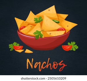 Delicious bowl of nachos garnished with tomatoes and cilantro vector icon, beautifully served on a black chalkboard backdrop. Heaping bowl of gourmet nachos cartoon illustration. Crispy tortilla chips