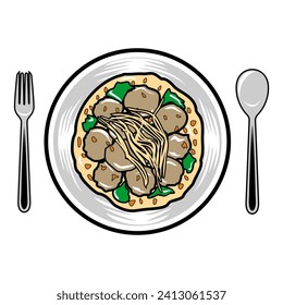 DELICIOUS BOWL OF NOODLE MEATBALLS WITH SPOON AND FORK TOP VIEW VECTOR ILLUSTRATION, SEMANGKOK BAKSO MIE LEZAT DENGAN SENDOK DAN GARPU TAMPAK ATAS VECTOR