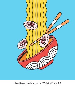 Delicious bowl of noodles ramen with naruto toppings and chopsticks cartoon hand drawn illustration