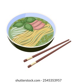 Delicious bowl of ramen with chopsticks in a minimalistic style. Vector illustration