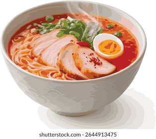 Delicious bowls of chicken, meat, and vegetable soup with red tomato sauce, a healthy hot dinner