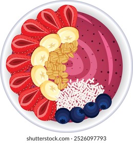 Deliciosa taça de Smoothie do Açaí brasileiro com morangos, fatias de banana, aveia, bluberries e coberturas de coco 