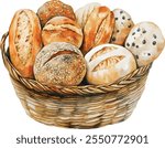 Delicious bread basket vector illustration. Wicker basket with bakery vector illustration. Basket with wheat and fresh bread isolated on white background