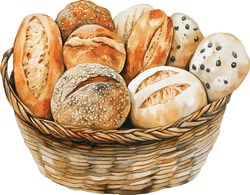 Delicious bread basket vector illustration. Wicker basket with bakery vector illustration. Basket with wheat and fresh bread isolated on white background