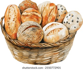 Delicious bread basket vector illustration. Wicker basket with bakery vector illustration. Basket with wheat and fresh bread isolated on white background