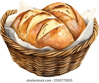 Deliciosa ilustração do vetor da cesta de pão. Cesta de vime com ilustração de vetor de padaria. Cesta com trigo e pão fresco isolado sobre fundo branco