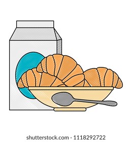 delicious bread croissant in dish and milk box