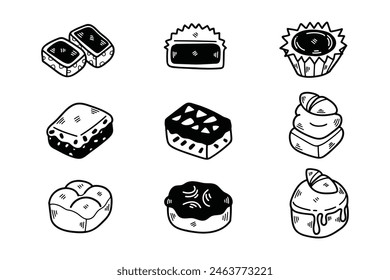 The Delicious bread and cupcakes Hand drawn illustrations in line art style