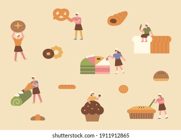 Delicious bread and little baker. Simple baker characters are making big bread. Pattern composition. flat design style minimal vector illustration.