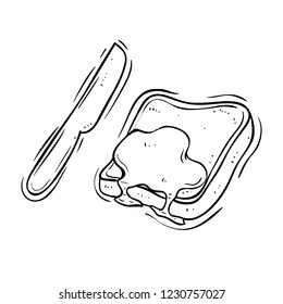 delicious bread with melted jam and bread knife with doodle style