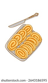 Delicious Bread Rolls on a Tray and Stainless Knife on white. Cake food art
