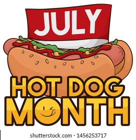 Delicious bread with sesame seeds, big sausage, mustard, ketchup and lettuce over a loose-leaf calendar with reminder to celebrate Hot Dog Month in July.