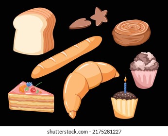 Delicious bread vector illustration. Flat style drawing of bread from croissant, strawberry cheese cake, cup cake, dry chocolate cookies, cinnamon roll with dominant brown color.