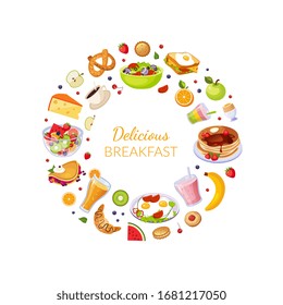 Delicious Breakfast Banner Template with Fresh Tasty Morning Meal Dishes of Circular Shape Frame Vector Illustration
