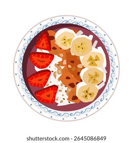 Deliciosa tigela de café da manhã com frutas frescas e granola servida em um prato decorativo