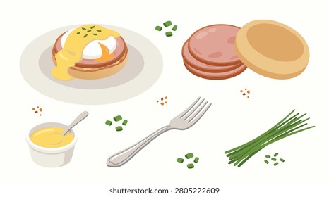 A delicious breakfast or brunch dish featuring poached eggs, ham, and English muffins, topped with creamy Hollandaise sauce and fresh chives.