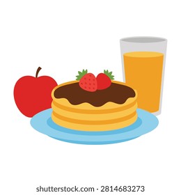 Delicious breakfast or brunch setup with pancake topped with chocolate sauce and strawberries next to a fresh apple and glass of orange juice