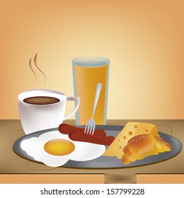 a delicious breakfast with coffee and a juice, egg, sausages, cheese and one croissant