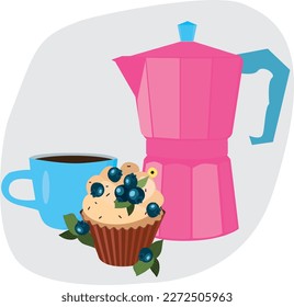 Delicious breakfast with coffee. Muffin. Coffee maker. High quality vector image.