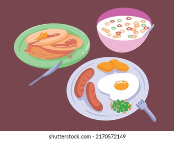 Delicious breakfast with colorful flat style vector illustration. Drawings of morning food collection set from pancake, sunny side egg, and cereal.