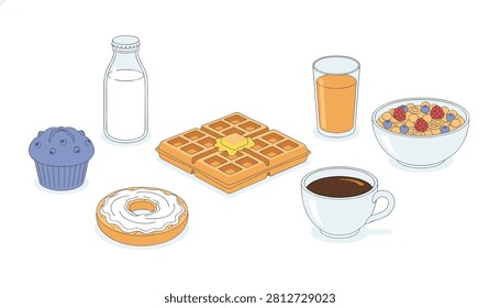 Delicious breakfast combination consisting of a blueberry muffin, a glass of milk, a buttered waffle, orange juice, coffee, and cereal.