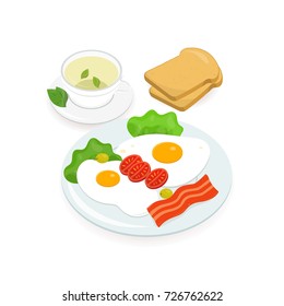 Delicious breakfast consisted of fried eggs with bacon strips and fresh vegetables lying on plate, pair of bread slices and cup of hot green tea. Tasty morning food. Colorful vector illustration.