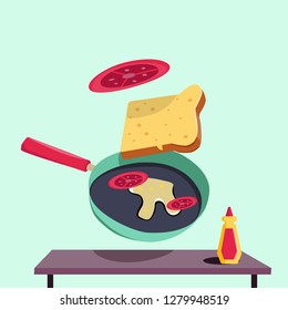 Delicious breakfast cooked in the kitchen.Vector illustration in cartoon style 