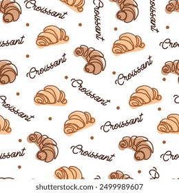 Patrón de Vector delicioso de la felicidad del croissant del desayuno. Perfecto para mejorar la decoración de la cocina, crear elegantes envases de panadería o diseños textiles para entusiastas de la comida.