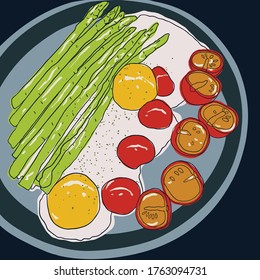 delicious Breakfast dish, fried eggs with asparagus and cherry tomatoes, sprinkled with seasoning. vector illustration