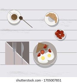 delicious breakfast with eggs, coffee and croissant vector illustration