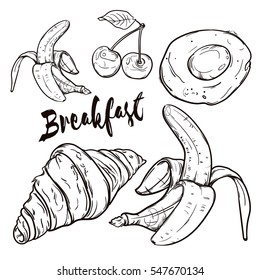 Delicious Breakfast Food: Croissant, Banana, Egg, Cherry / Hand Drawn Illustration 