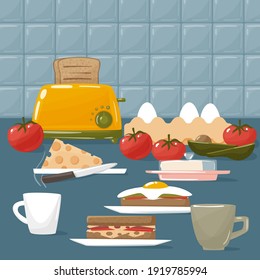 Delicious breakfast food flat design. Electric toaster with a slice of toasted bread, sandwiches, eggs, cheese, butter and vegetables. Cups of tea and coffee. Sweet morning concept 