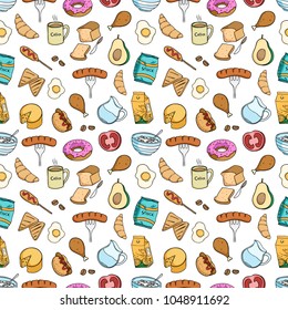 delicious breakfast food seamless pattern with colored doodle style on white background