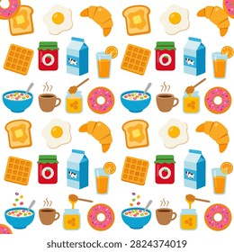 Delicious breakfast food seamless pattern featuring toast with butter, fried egg, croissant, waffle, strawberry jam, milk carton, orange juice, cereal bowl, coffee cup, honey, and donut isolated on white background.