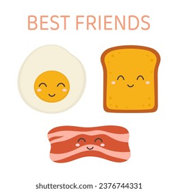 delicious breakfast of fried egg, bacon and slice of toasted bread character, vector illustration isolated on white background