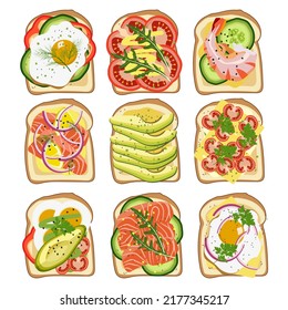 Delicious breakfast. Healthy eating concept. Various toast. Fried and steamed eggs, fish, salmon, avocado slices, sweet berries, butter, cream cheese. Color vector set