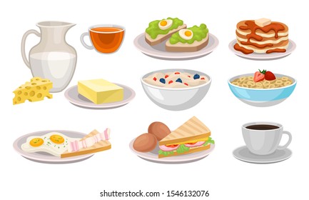 Delicious Breakfast Meal Vector Items Isolated On White Background