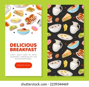Delicious breakfast mobile app template. Tasty morning dishes, restaurant or cafe menu landing page, web banner cartoon vector