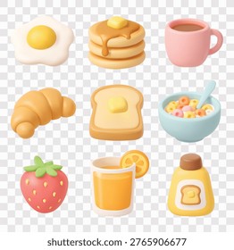 Delicious Breakfast and Morning Meal Vector Icon Set | 3D icon set | fried sunny-side-up egg, pancakes with syrup and butter, hot coffee, croissant,  toasted bread with butter, bowl of cereal, strawberry, orange juice, bottle of honey or spread.