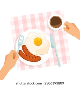 Delicious breakfast on a plate top view. Omelette and grilled sausages. Table with tablecloth. Hands is holding fork and knife. Vector illustration.