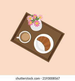 Delicious breakfast on a wooden tray. Illustration of a croissant, a cup of coffee and a vase of flowers.