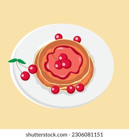 Köstliche Frühstückspancakes mit Kirschmarmelade auf dem Teller, Draufsicht, flache Vektorgrafik. süße Morgenpfannkuchen. Amerikanisches Frühstück.