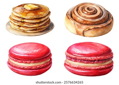 Delicious breakfast pastries, watercolor illustration, pancakes with syrup, cinnamon rolls, colorful macarons, sweet treats.