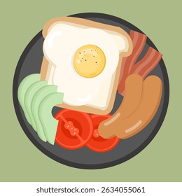 A delicious breakfast plate featuring fried egg on toast, crispy bacon, sausages, fresh tomatoes, and sliced cucumbers, perfect for hearty meal